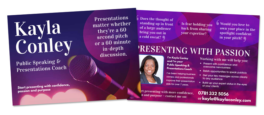 Kayla Conley A5 landscape promotional leaflet 
 A5 landscape leaflet for Public Speaking coach Kayla Conley 
 Keywords: A5, leaflet, flyer, design, promo, promotional, landscape