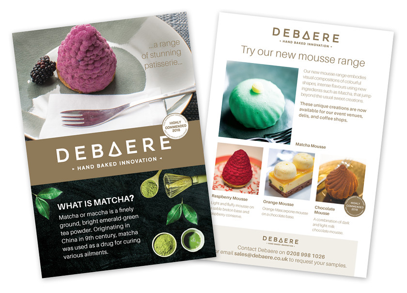 Debeare-patisserie-and-mousses 
 A4 leaflet for Debaere Bakery, showcasing their new dessert mousse range 
 Keywords: debaere, bakery, patissere, mousses, mousses, award, awards, design, leaflet, dessert