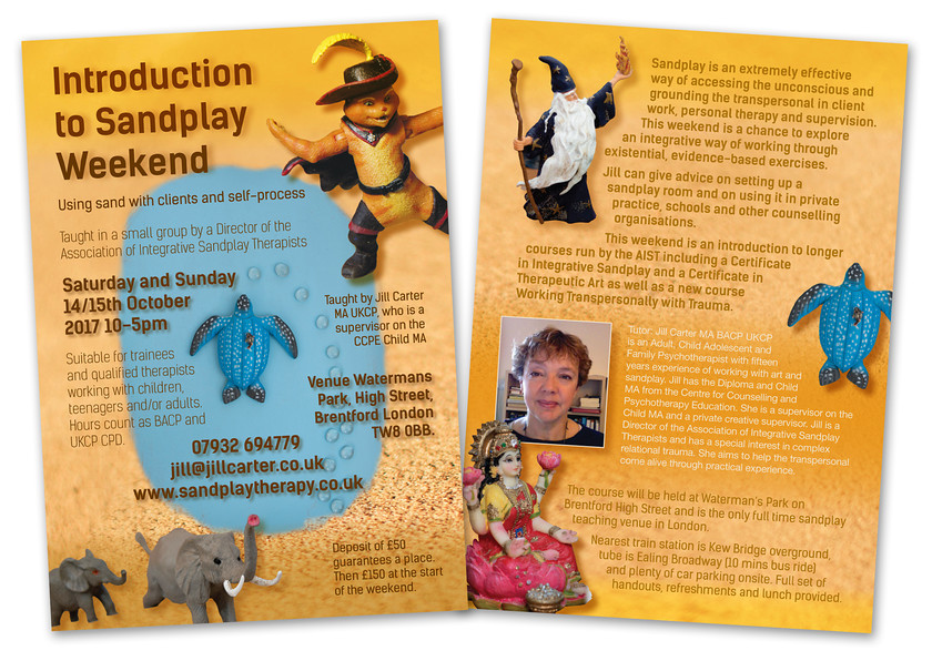 Sandplay course A5 leaflet 
 A5 course leaflet for Jill Carter 
 Keywords: A5, leaflet, flyer, design, promo, promotional