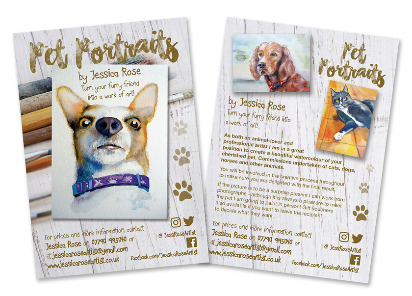 Jessica Rose Pet Portraits A5 promotional leaflet 
 A5 promotional leaflet for Jessica Rose's Pet Portraits offer 
 Keywords: A5, leaflet, flyer, design, promo, promotional