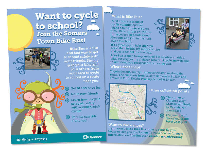 Camden cycle A5 leaflet 
 A5 leaflet promotion Camden Council's Bike Bus 
 Keywords: A5, leaflet, flyer, design, promo, promotional